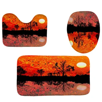 

4Pcs Home Bathroom Decor Set Bathroom Tree Reflection Pattern Toilet Seat Cover Bath Mat Set+ Waterproof Shower Curtain