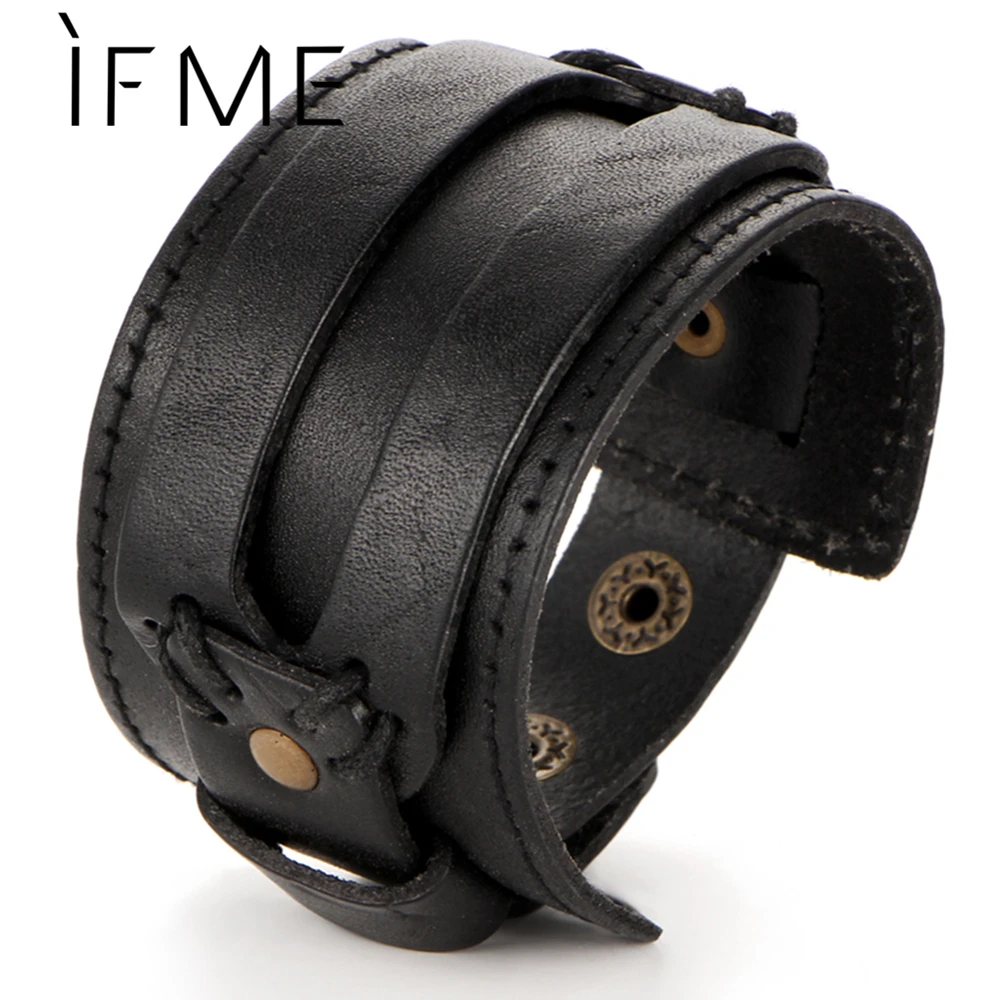 

IF ME Fashion Men Leather Bracelet Open Cuff Rope Bangles & Bracelet Double Wide Black Brown Color Vintage Punk Unisex Jewelry