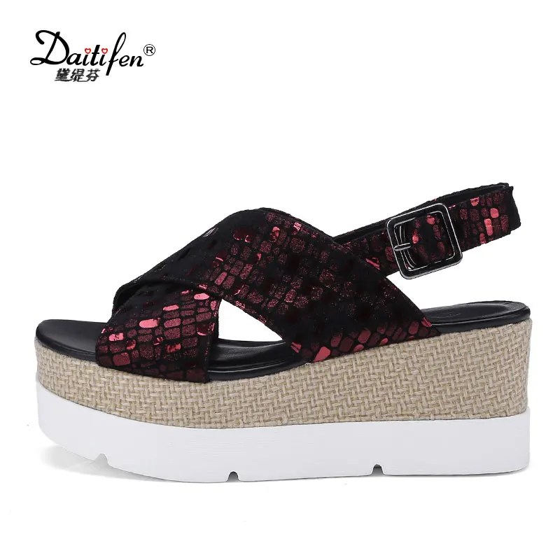 

Daitifen new summer New Fashion Sheep Skin Sandals Wedges Heel Women High Quality Genuine Leather Summer Shoes Size 34-420