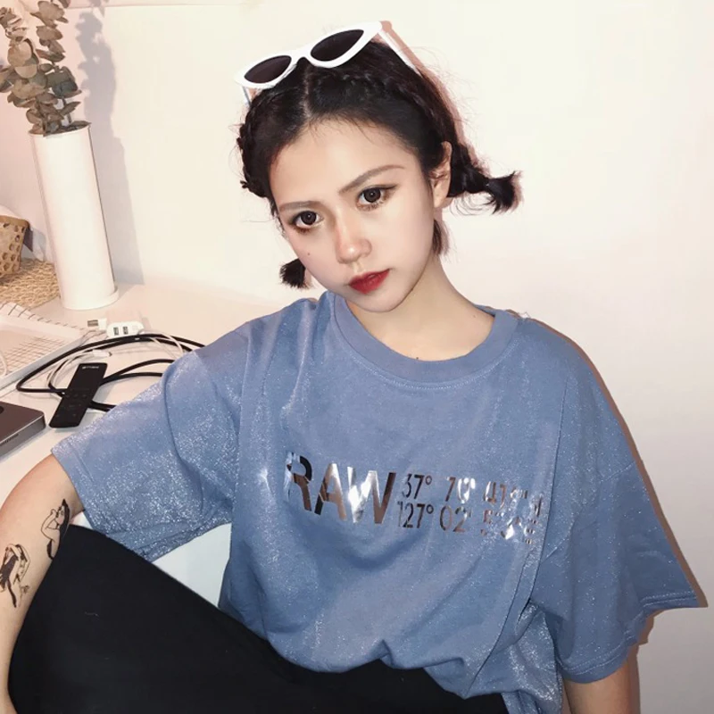 

YouGeMan Fashion T Shirt Woman Clothes 2019 Summer Korean Ulzzang Harajuku Silver Letter Short Sleeve T-shirt Women Basic Tops