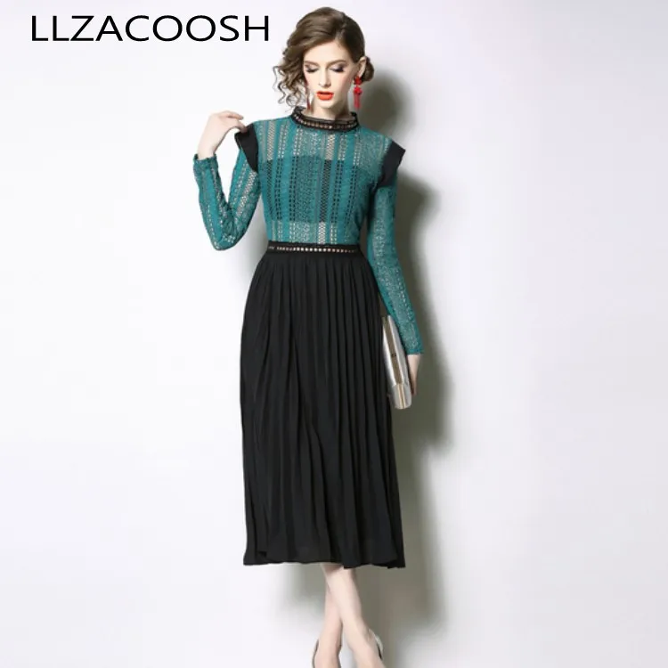 

High Quality 2019 Designer Runway Dress Spring Fashion Woman Long Sleeve Hollow Out Lace Patchwork chiffon Pleated Dresses