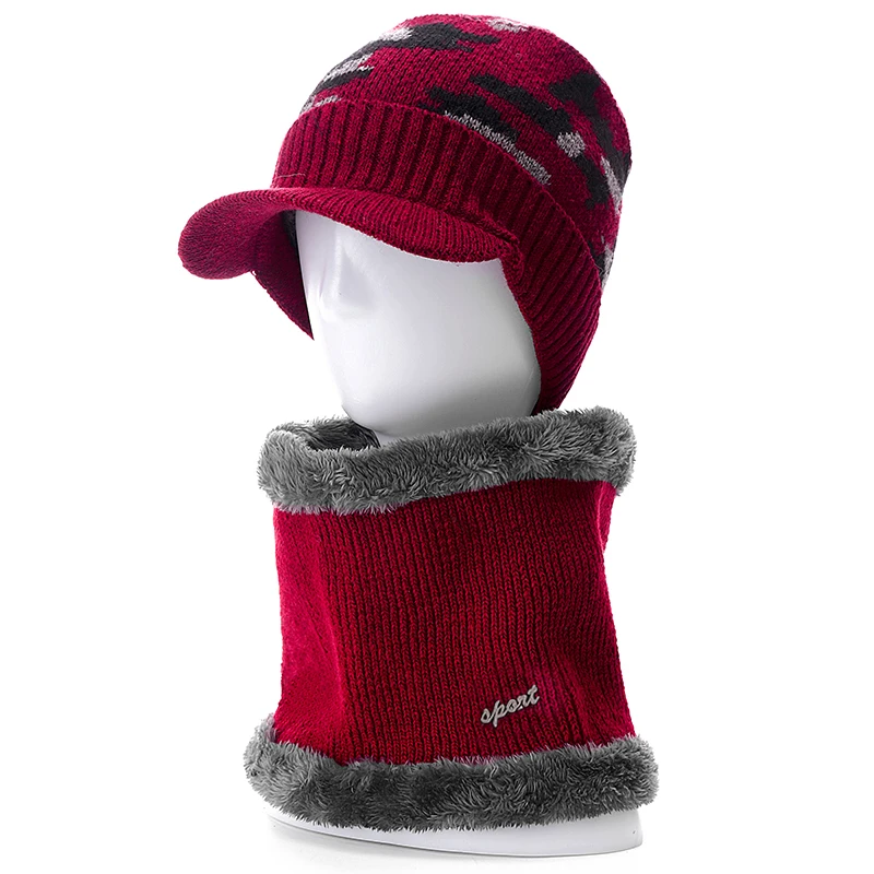 Новые камуфляжные зимние шапки, модная зимняя вязаная шапка, шарф, набор для мужчин и женщин, шерстяной козырек, шапочки, шапка, теплая шапка