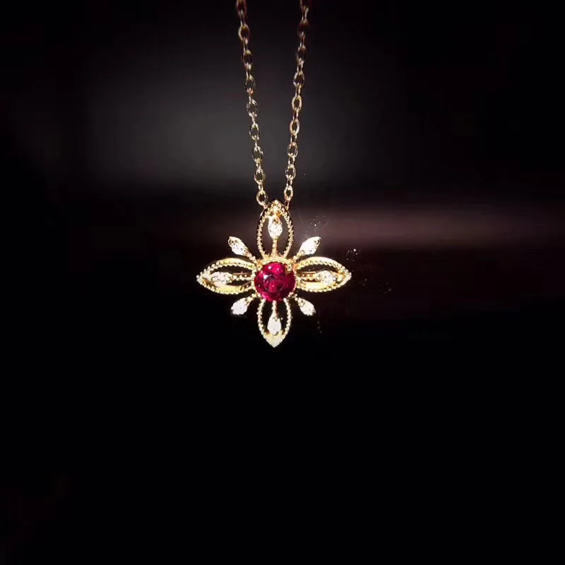 

ANI 18K Rose Gold Pendant Necklace Ruby Fine Color Gemstone Jewelry Natural Diamond Snow Shape Fashion Women Engagement Necklace