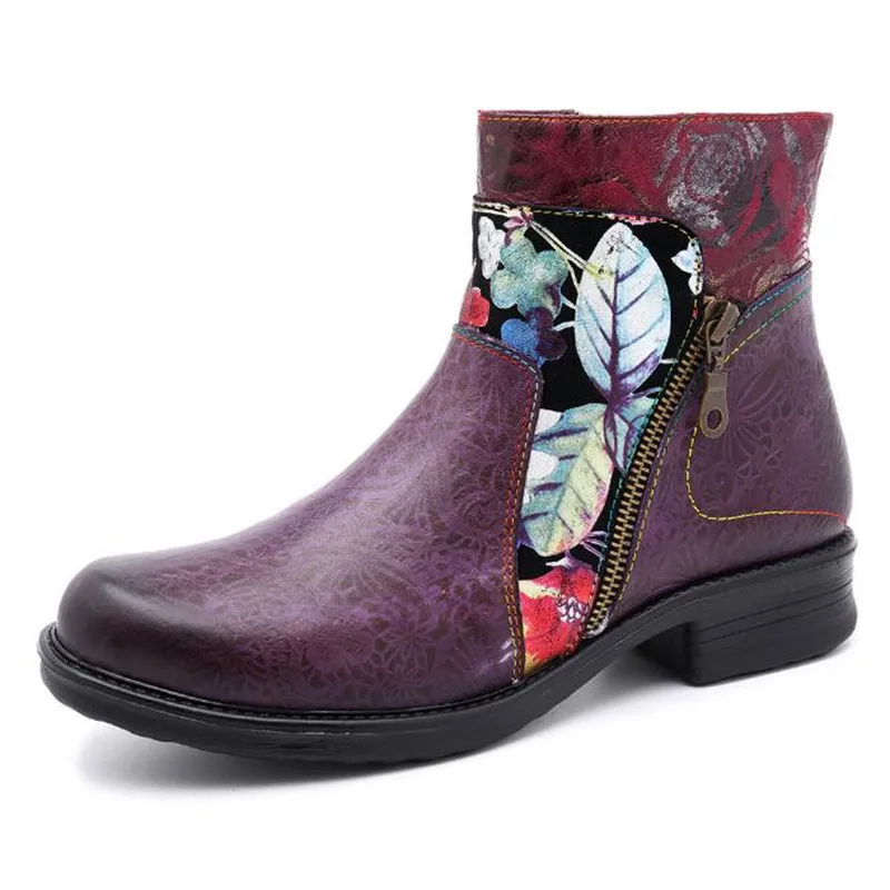 

2018 new casual retro ethnic style leather women's boots stitching flat denim ankle boots purple martin boots Women Shoes