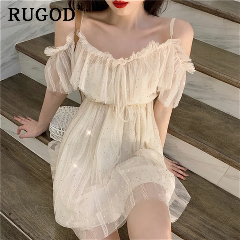 RUGOD элегантный оборками блесток мех женское платье модное с открытыми плечами