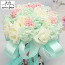 Perfectlifeoh Романтические цветы Сладкая Роза с жемчугом бирюзовые свадебные букеты для подружек невесты цветок девушка