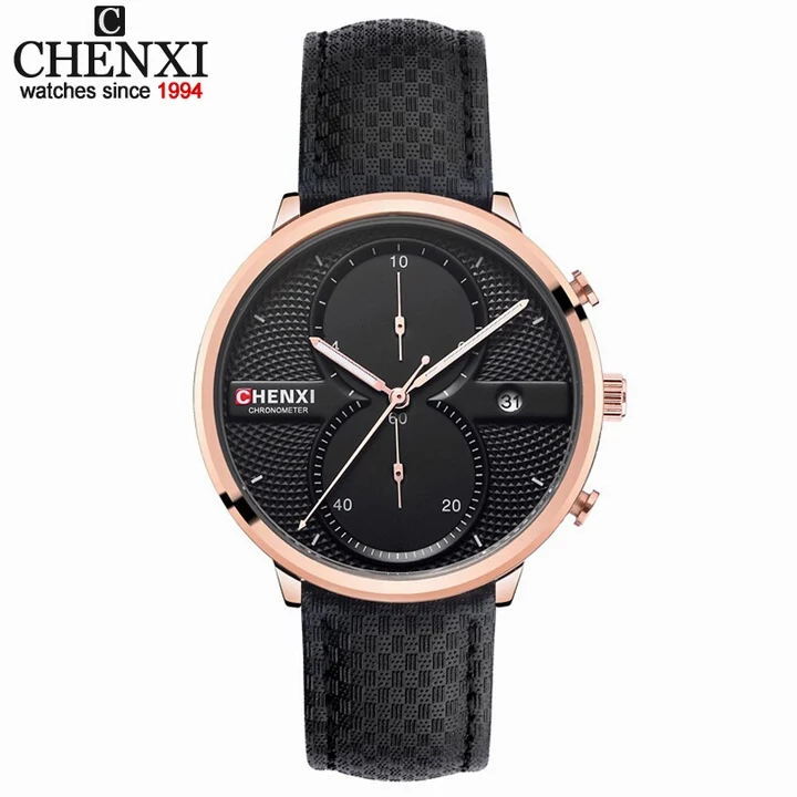 CHENXI мужские наручные часы с кожаным ремешком, многофункциональные кварцевые часы с дисплеем даты, мужские часы, топ класса люкс, брендовые качественные часы - Цвет: Gold    Black  Dial