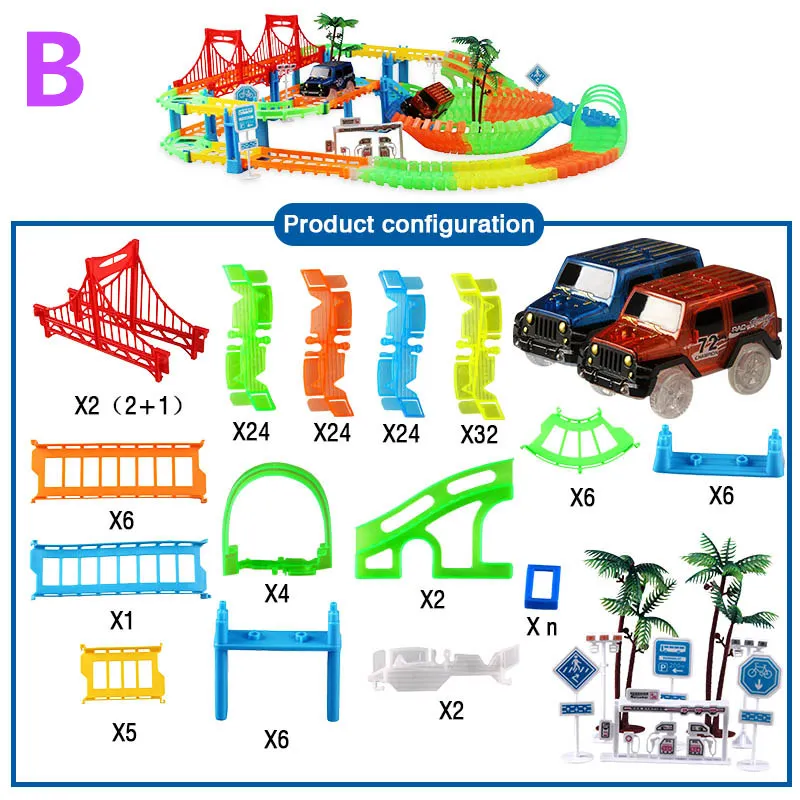 Удивительные креативные гибкие железные дороги автомобиль игрушки магические автомобили гоночные треки набор DIY Электронный мигающий светильник игрушка для детей - Цвет: B