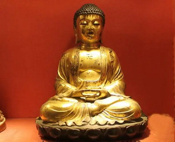 

Tibetan shrine Bronze 24K Gilded Amitabha Amitayus Sakyamuni Buddha Statue