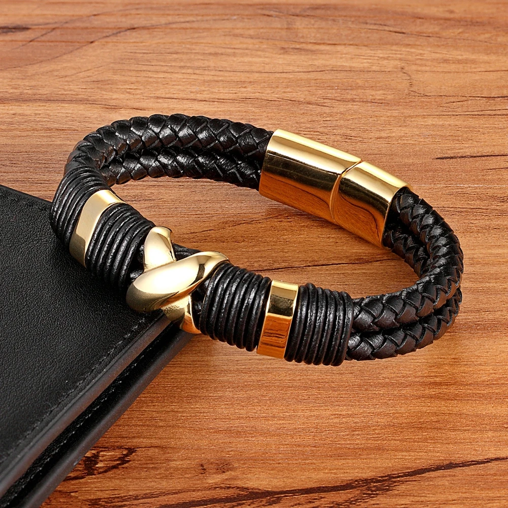 XQNI 2018 New Fashion Luxury Accessories Bangle Men Genuine Leather Bracelet Gold with Geometric/Skeleton Design Jewelry Present