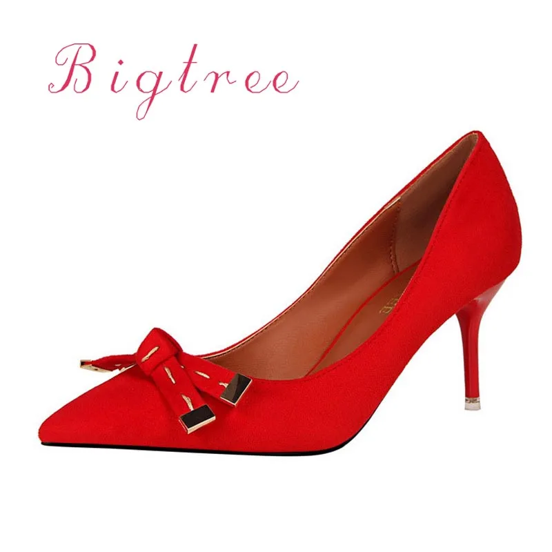 

Women Thin Pumps European Sexy Fashion Suede Comfortable Pointed High-heeled 7.5cm Shoes Female Bowknot Single Heel Shoes Red