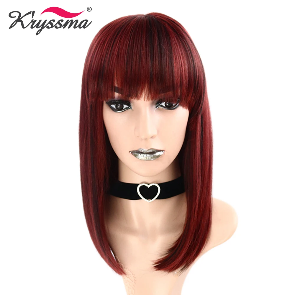 

Dark Red Synthetic Hair Wigs for Women Straight Short Bob Wigs with Bangs for Party Glueless Heat Resistant Fiber Machine Made
