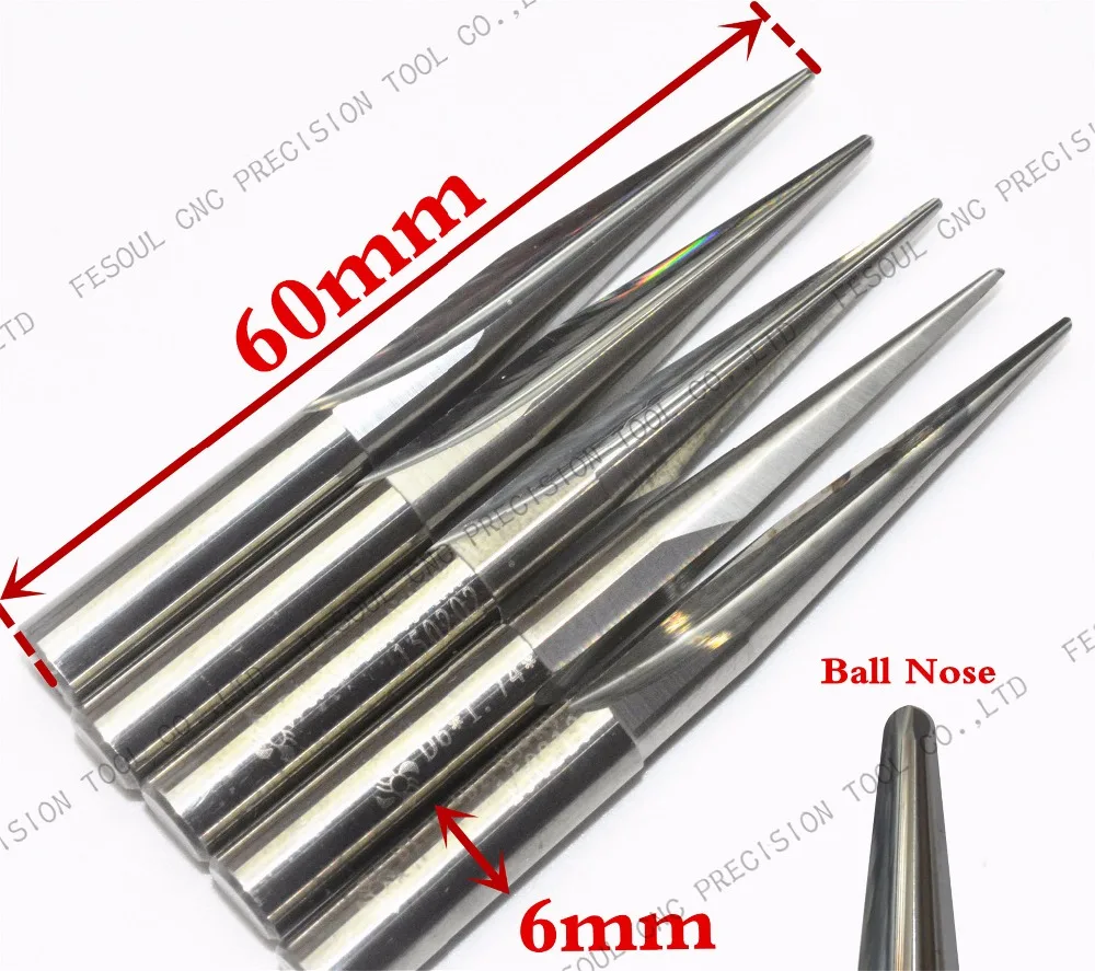 

6mm*60L,5pcs,Free shipping Taper Ball nose Cone End Mill,CNC milling Cutter,Solid carbide tool,woodworking router bit