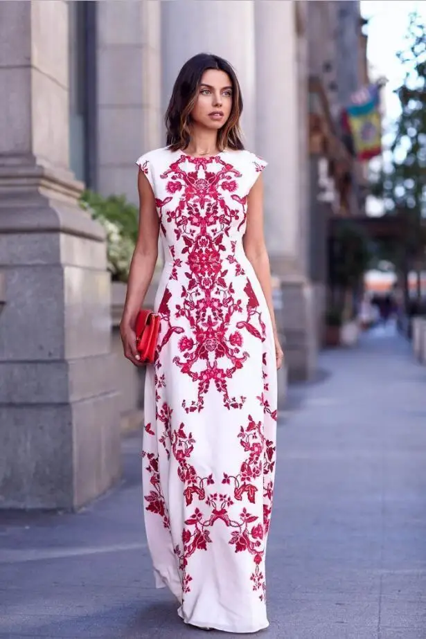 

Women Embroidery Flower Dress Sleeveless Beach Long Maxi Dress Floor Length Wedding Evening Party Fomal Slim Waist Print Dress