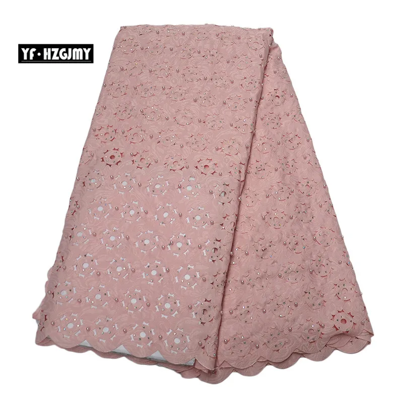

YF HZGJMY Nigerian Lace Fabrics Latest 5 Yards African Pink Embroidery High Quality Laser Cut Lace Fabric with Rhinestones A1669