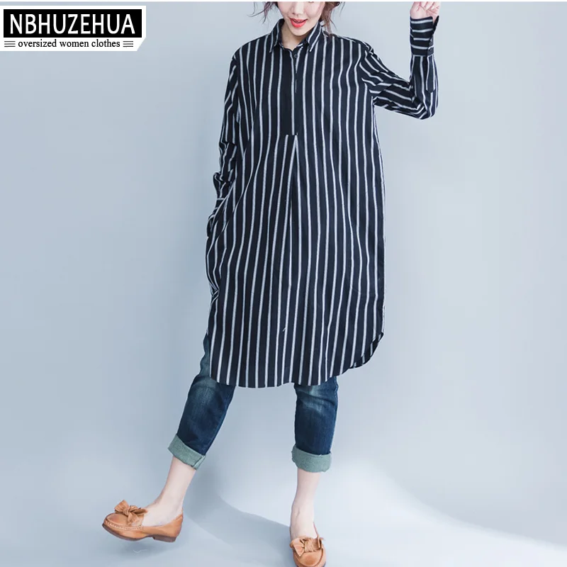 

4XL 5XL 6XL Women Shirt Long Sleeve Autumn Classic Turn-down Collar White Black Stripe Blouse Plus Size Womens Clothing SY1659