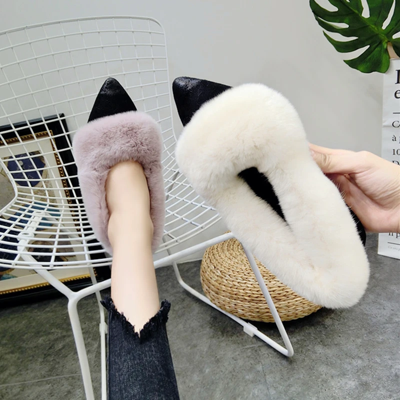

SWYIVY Woman Lazy Loafers Shoes Natural Rabbit Fur 2018 Pointed Toe Plush Fur Winter Warm Casual Shoes Flats Luxury Fur Laofers