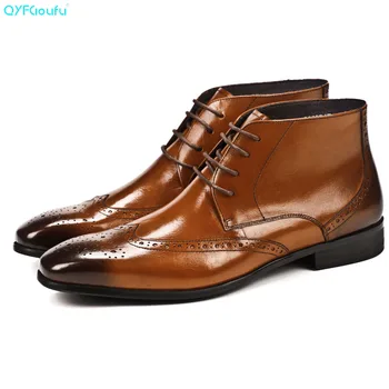 

QYFCIOUFU Luxury Brogues Mens Chelsea Boots Shoe Genuine Leather Dress Boots High Quality Cow Leather Designer Ankle Boots