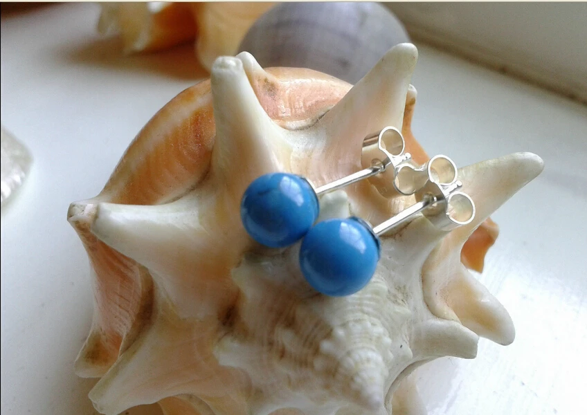 

Free shipping Handmade 8mm Blue Turquoise Round Sterling Silver Stud Earrings