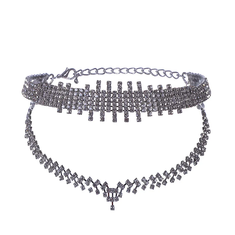 KMVEXO 2017 Fashion Double Layers Heart Crystal Statement Necklace Women Rhinestone Choker Necklace Party Club Wedding Jewelry