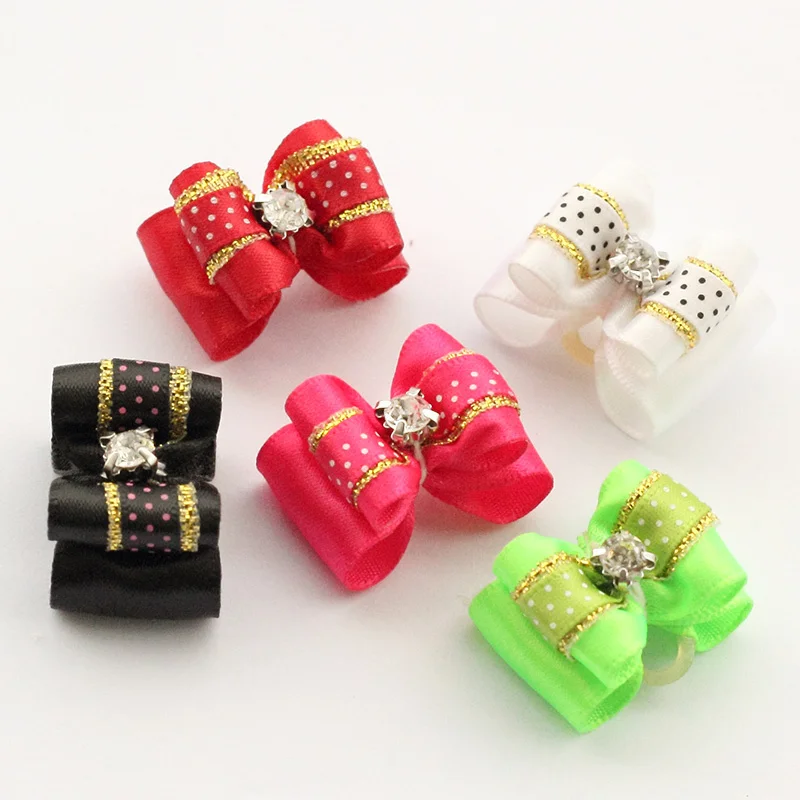 

Armi store Handmade Dot Pattern Ribbon Dog Bow Grooming Rhinestone Bows For Dogs 21051 Pet Accessory Boutique Wholesale
