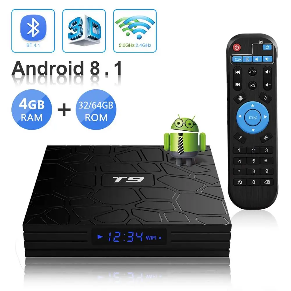 

Procaja T9 TV Box Android 9.0 Android TV Box 4G RAM 32G/64G ROM Quad Core/64 bits/BT4.0/H.265/3D UHD 4K 2.4G WIFI Bluetooth 4.0