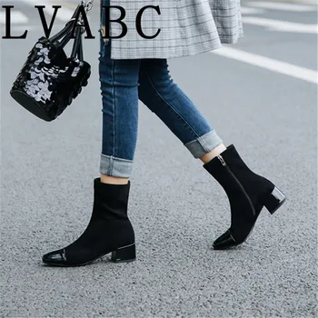 

LVABC 20108 Women Ankle Boots Platform All Match Square High Heel Pointd Toe Zipper Winter Shoes Women Boots Big Size 32-44