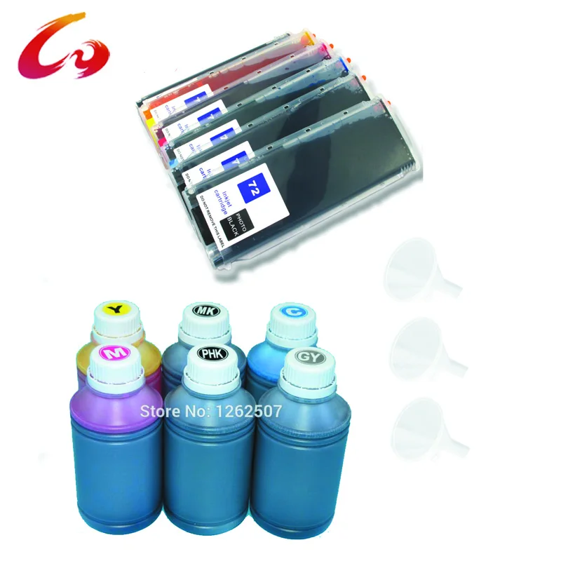 refill empty cartridge for hp 72 130ml with chip + 500ml dye ink 6