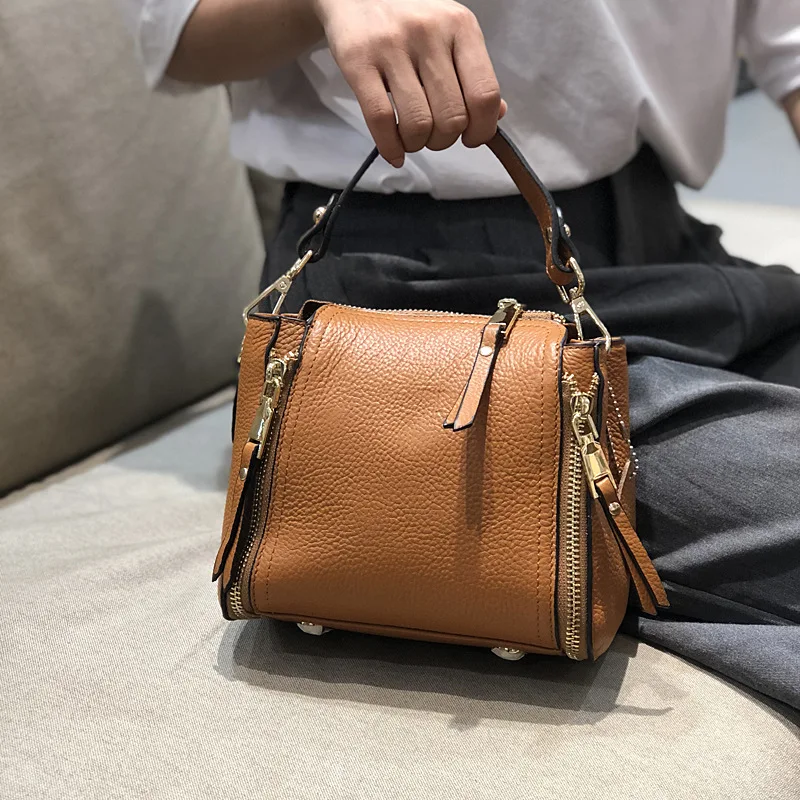 

MZORANGE 2018 Genuine Leather Messenger Bags for women Double Zipper Bucket Bags Handbags Women Mini Shoulder Crossbody Bags