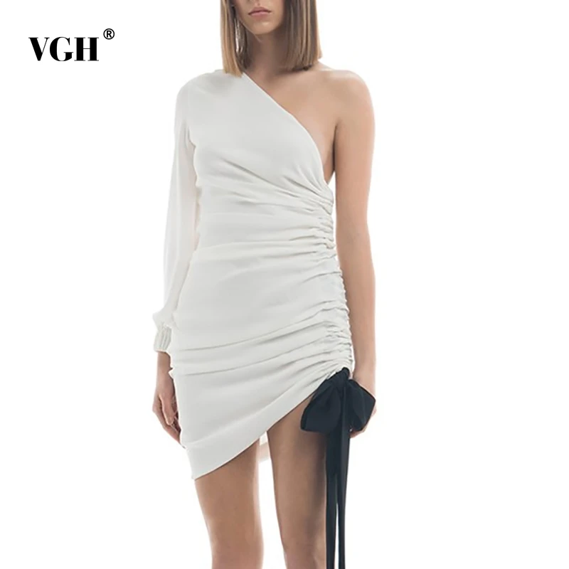 

VGH Sexy Off Shoulder Dresses Women Long Sleeve High Waist Drawing Bandage Bow Asymmetrical Dress Female 2019 Fashion New Summer