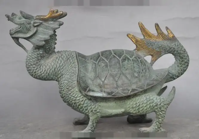 

S03904 9"Chinese Fengshui Bronze Gilt Dragons Tortoise Turtle longevity Animal Statue B0403