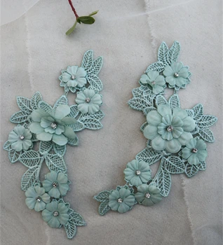 

10 pcs green lace appliques with 3D florals, light peach flowers beaded lace appliques for bridal dress sewing accessories