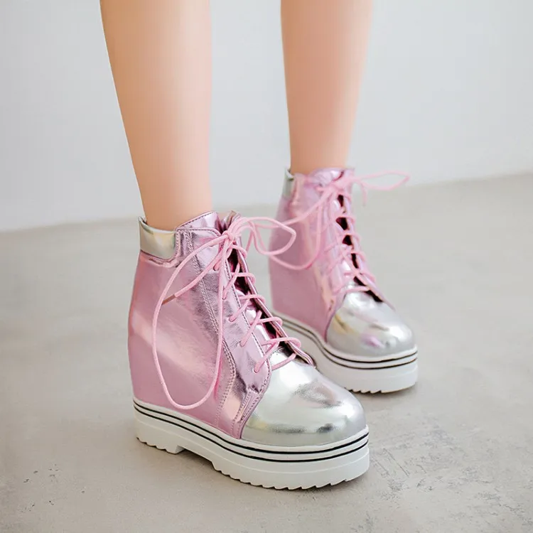 

PXELENA Hidden High Heels Platform Creepers Ankle Boots Women 2018 Winter Lace Up Punk Rock Gothic Short Boots Lady Shoes 34-43
