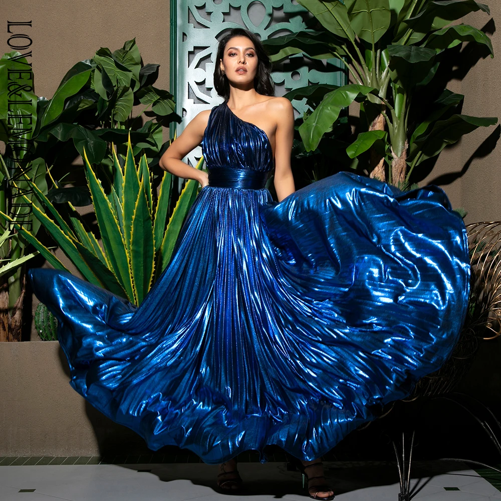

LOVE&LEMONADE Sexy One Shoulder Pleated A-line Party Maxi Dress LM81723 BLUE