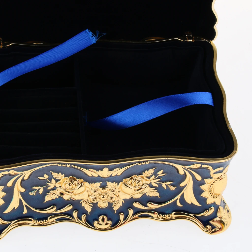 2-Layer Blue Large Vintage Metal Trinket Jewelry Boxes Gift Storage Organizer Gift for Girls Teens Women