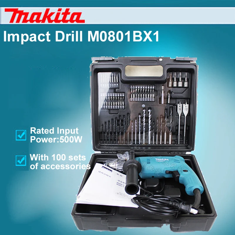 

Japan Makita M0801BX1 Impact Drills Multifunction For Household Speed Regulation 500W Hand Drill Hammer With 100 Accessories