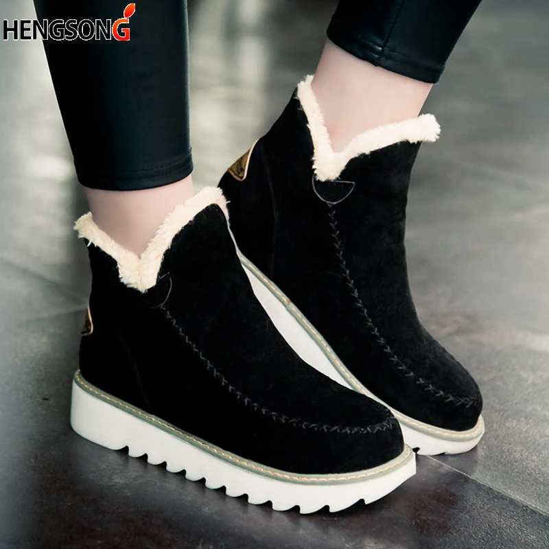 

Autumn Winter Women Snow Boots Round Toe Ankle Warm Plush Snow Boots Slip-On Women Shoes Flats Black Beige Brown Plus Size 34-43