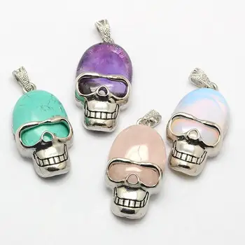 

Personalized Retro Halloween Skull Jewelry Bezel Stone Pendants, with Antique Silver Brass Findings, Mixed Stone, 43x23x12mm