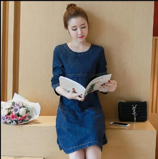 2018 Winter Knee Length Loose Jeans Dress Ladies Autumn Office Long Sleeve Denim Plus Size Women Clothing E51 | Женская одежда