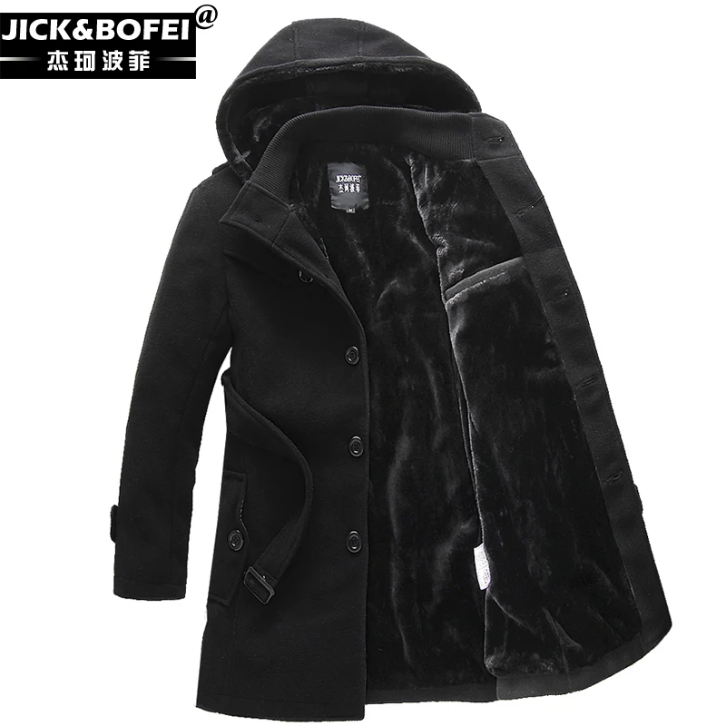 

Men's Winter Single Breasted Hooded Wool Coat Men Thicken Velvet Warm Long Overcoat Woolen Jacket S-4XL Grey A006