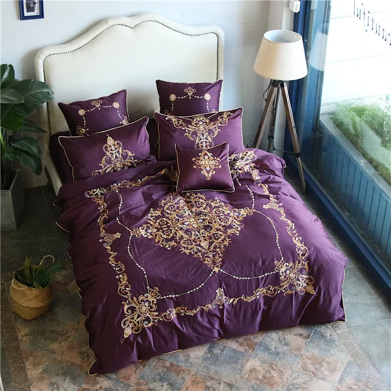 

4/7-Pieces Egyptian cotton Luxury Bedding Set Embroidery Bed Set King Queen Purple Bed Linens Duvet Cover Bed Sheet