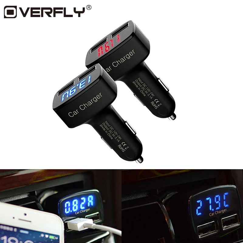شاحن سيارة 4 في 1 المزدوج USB DC 5 V 3.1A مهايئ عام مع الجهد/درجة الحرارة/الحالي متر فاحص شاشة LED رقمية