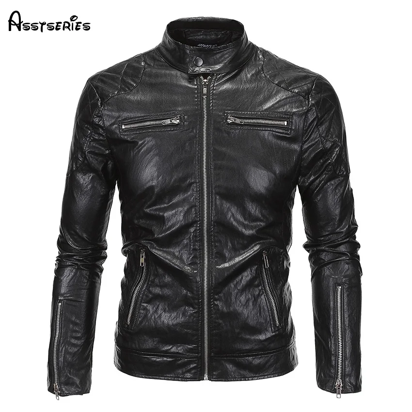 2018 Men High Quality Leather Jackets Stand Collar Motorcycle Leather