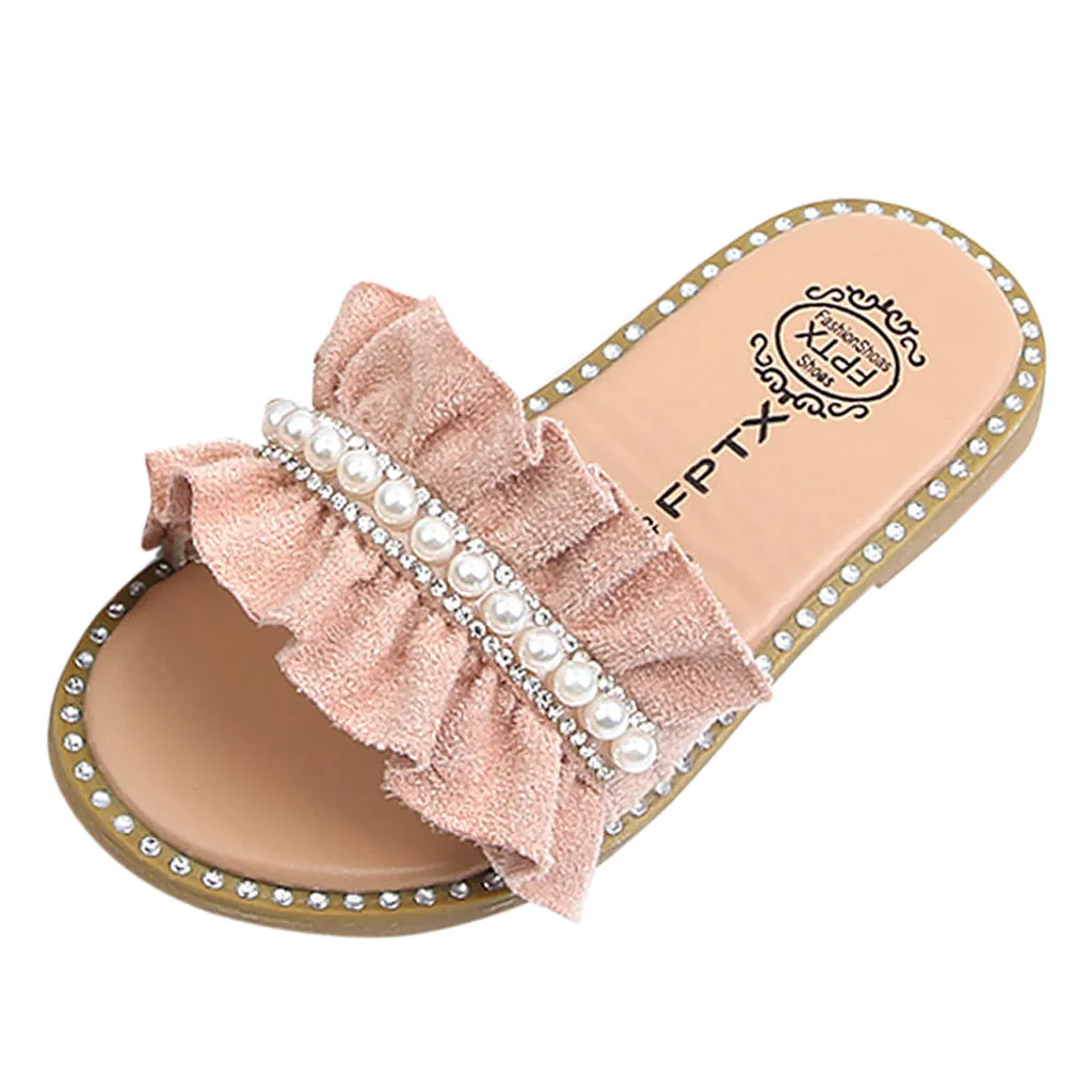 Милые летние детские тапочки для девочек; детская обувь для девочек с жемчугом и кристаллами; обувь для принцессы сандалии; домашние тапочки;# XTN