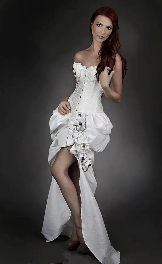 Taille personnalisée Ivoire Steampunk Burlesque Corset Vintage Robes De Mariée Train Chaîne Handmake Fleurs Boutique Haut