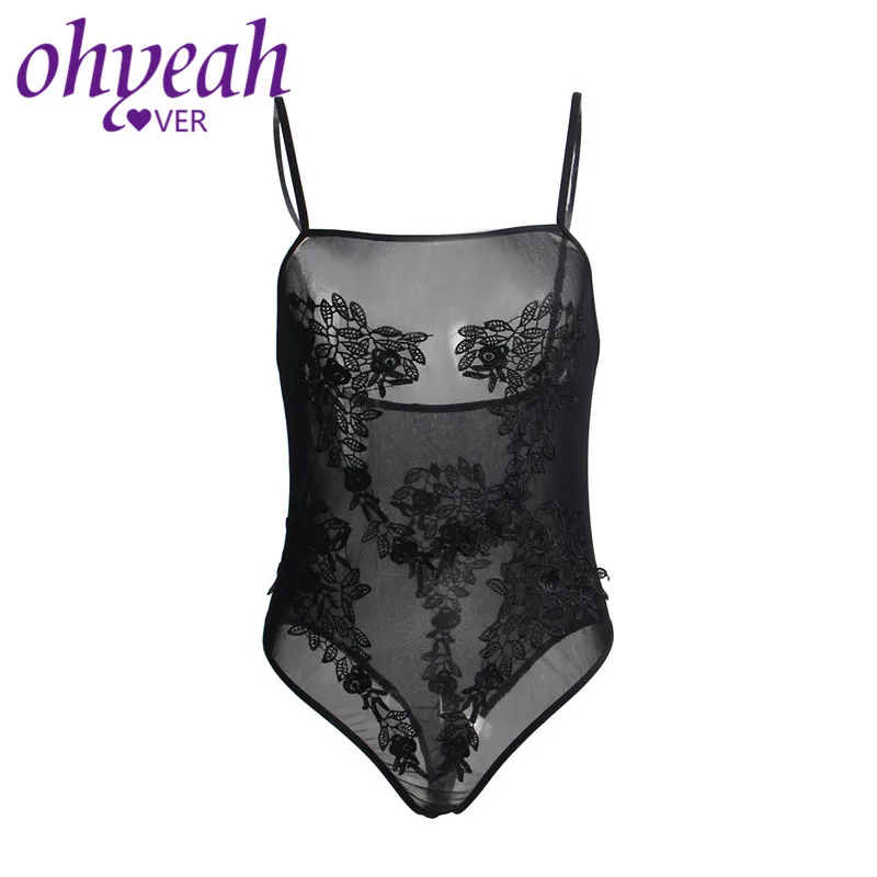 Ohyeahlover Camisole боди бодикон Цветочные аппликации боди Женский черный комбинезон с открытой спиной летние прозрачные сетчатые плюшевые костюмы RM80613