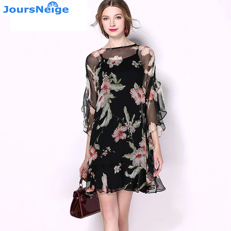 

High End Real Satin Silk Dress Womens 2017 New Summer Silk Dress OL style Floral Printed Ruffles Batwing Sleeve A-Line Dresses