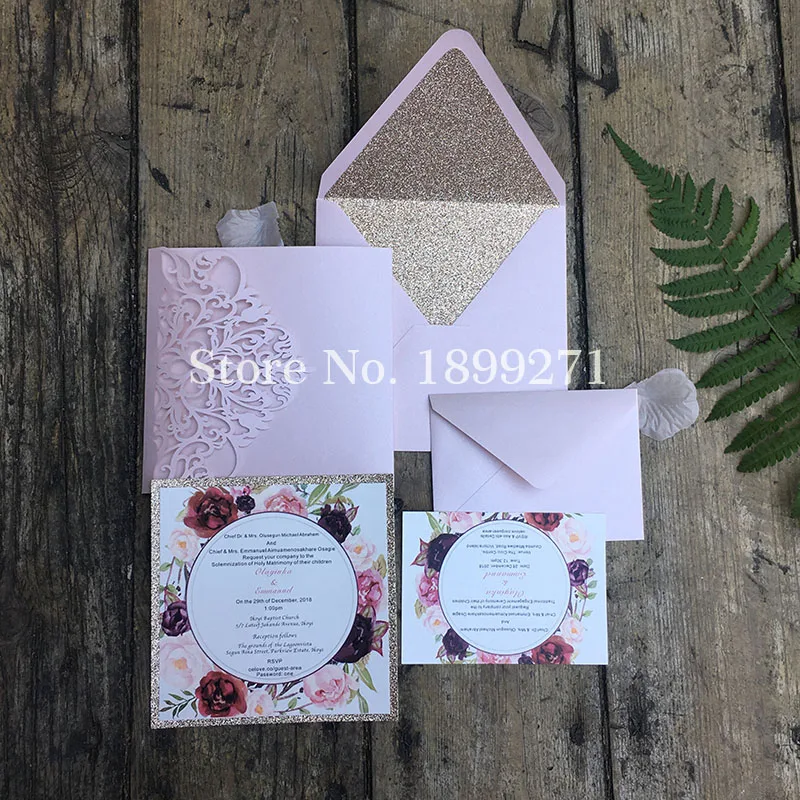 

1pcs Blush Light Pink Tri-fold Square Customized Paper Wholesale Laser Cutting Wedding Invitation Cards with RSVP Gift Card