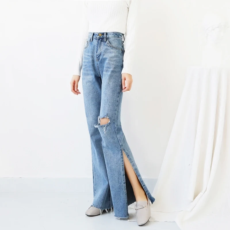 

Spring Summer High Waist Jeans For Women 2019 Side Split Flare Denim Pants Casual Ripped Hole Trousers