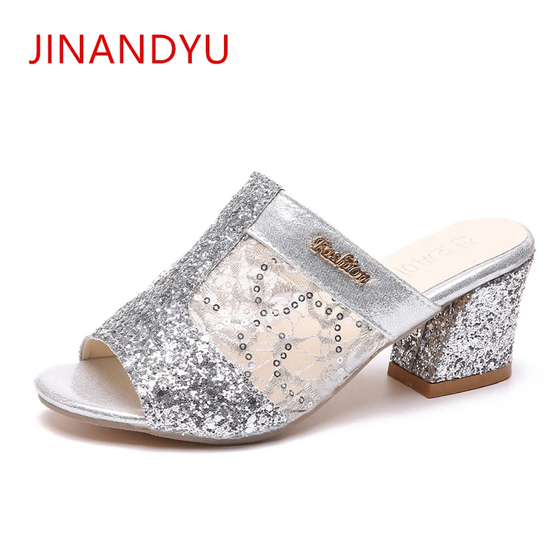 

Sequined Cloth Block Heel Shoes Crystal Sandal Open Toe Gold Gladiator Heels Sandalias Elegante Sexy Shoes Women Sandals Flip